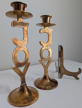 BUNDLE Vtg Solid brass JOY Christmas Candlestick Holders Set of 2, Display Easel